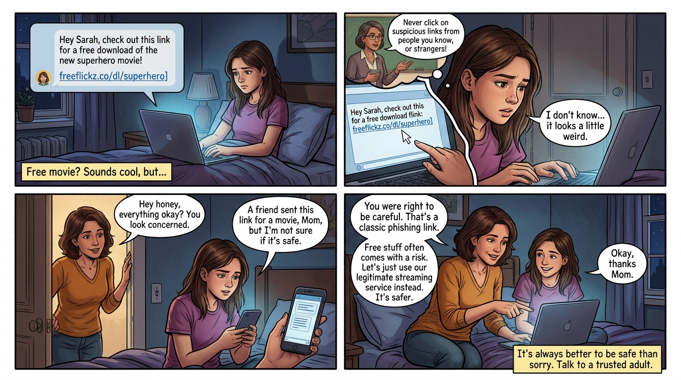 Illustration of a teen receiving a suspicious message while an adult points to a security shield